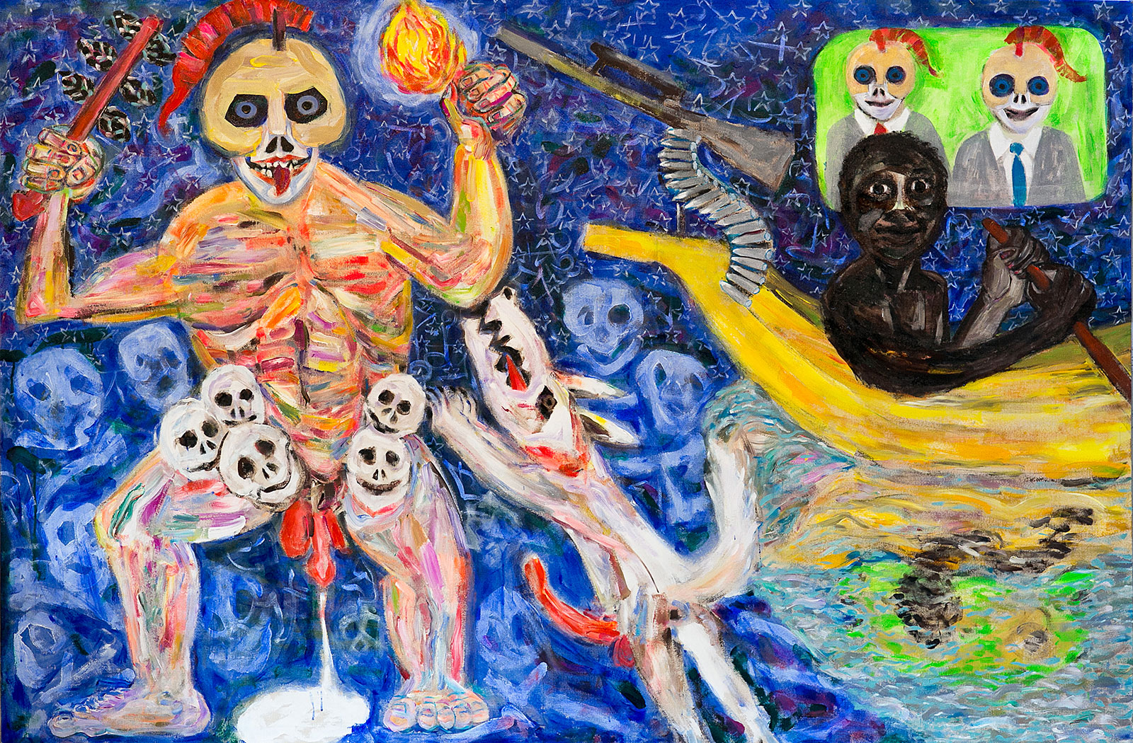 Democracy Arrives - War | acrylic on canvas | 72&quot;x84&quot; by Chris Harris, artist on Pender Island