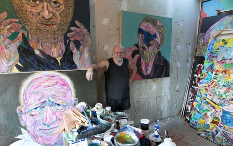 Artist Chris Harris in his studio on Pender Island