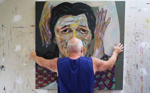 Artist Chris Harris in his studio on Pender Island