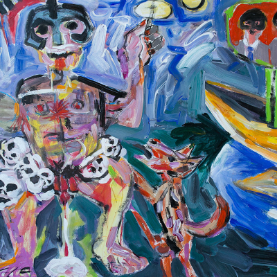Democracy Arrives 2 - War | acrylic on paper | 22&quot;x30&quot; by Chris Harris, artist on Pender Island