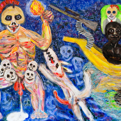 Democracy Arrives - War | acrylic on canvas | 72&quot;x84&quot; by Chris Harris, artist on Pender Island