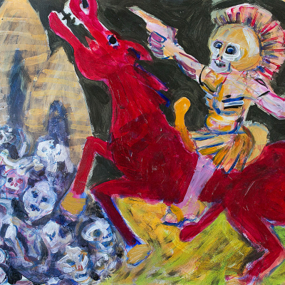 Democracy With Mound - War | acrylic on paper | 22&quot;x30&quot; by Chris Harris, artist on Pender Island
